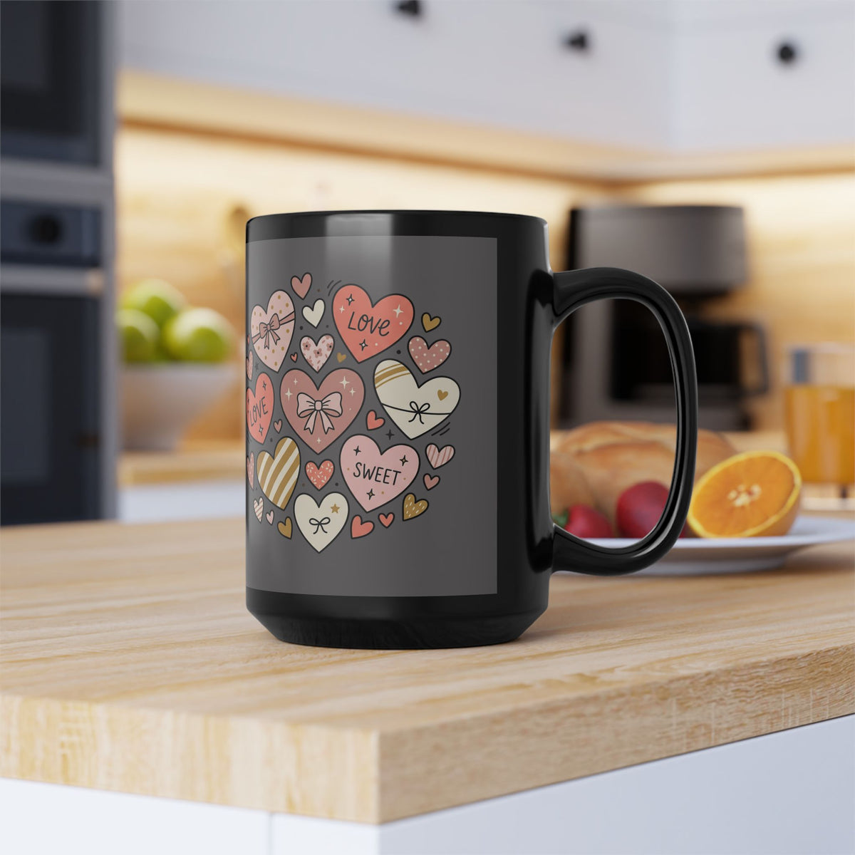 15oz Black Mug — Heart Doodle Love Design (Positive Quotes)