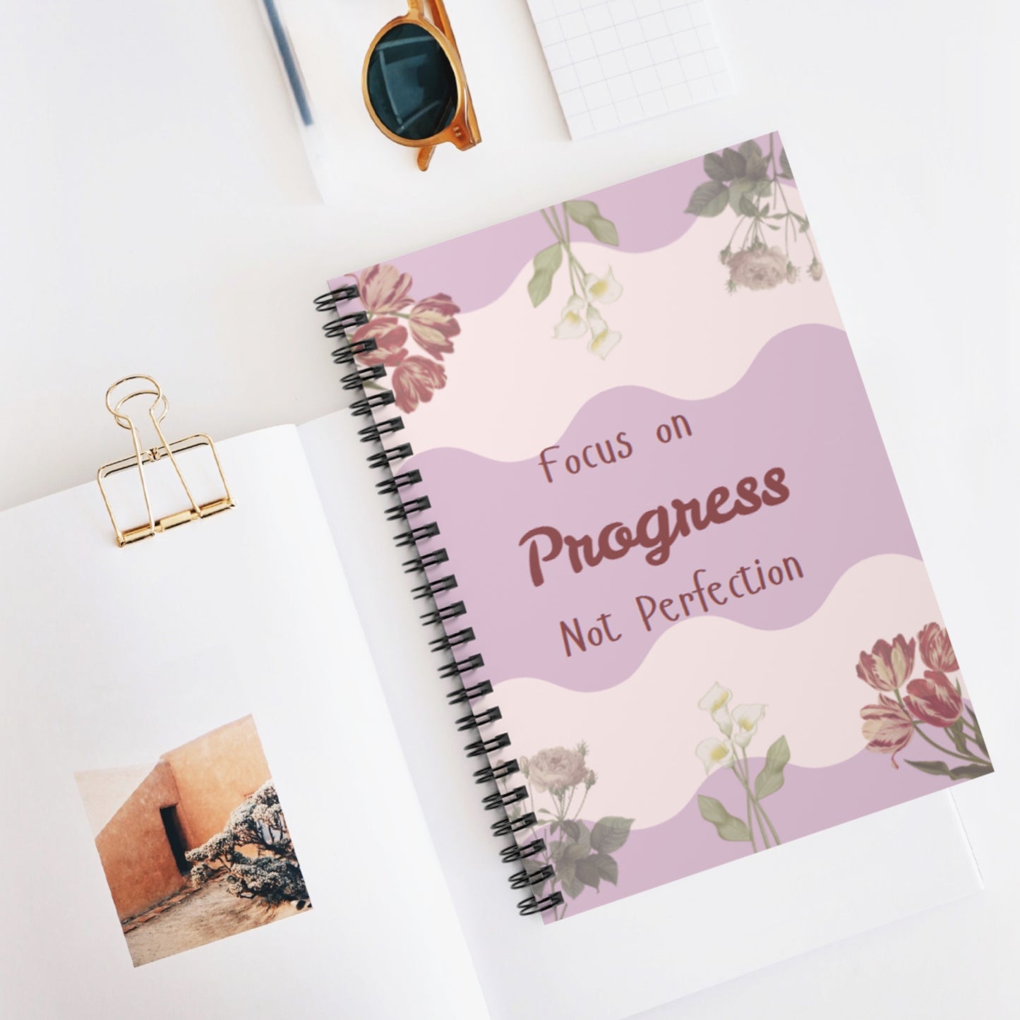 Progress Spiral Notebook — "Focus on Progress Not Perfection" Floral Journal